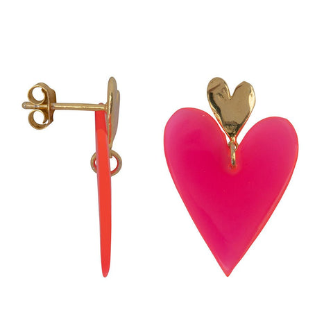 Trendjuwelier Bemelmans - Betty Bogaers Neon Pink Double Heart Stud Earring Gold Plated